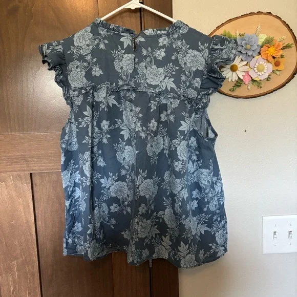 LC Lauren Conrad Ruffle High-Neck Blouse Blue Floral Size XXL - Picture 4 of 6